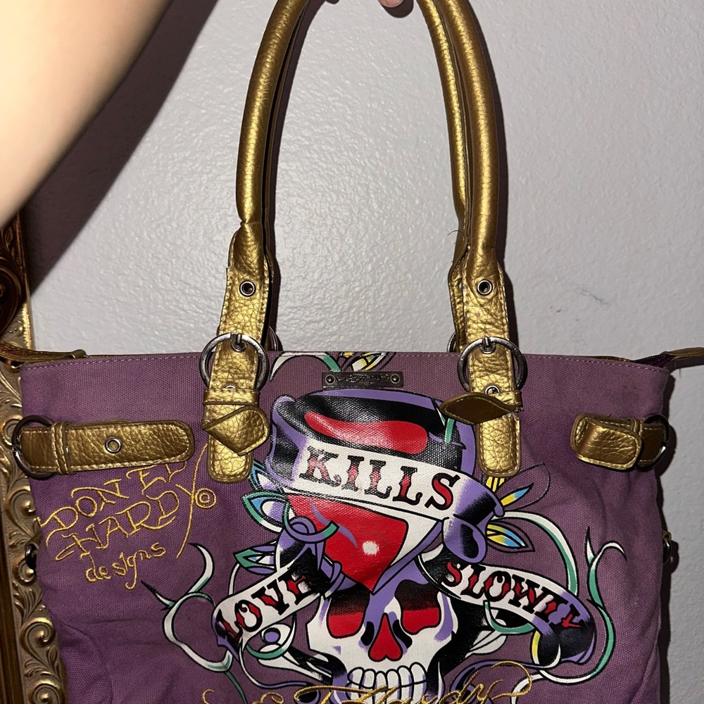 Ed Hardy Purple and Gold Tote Bag